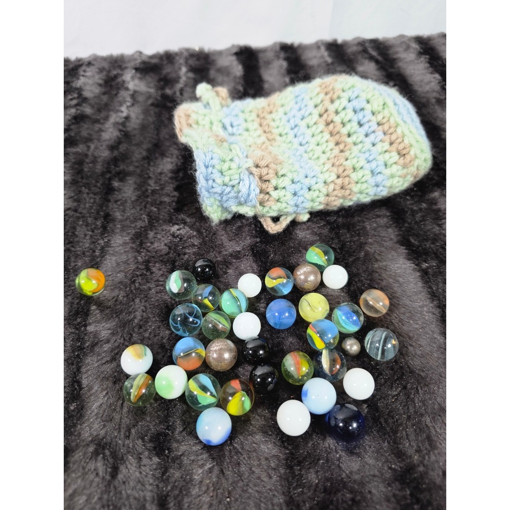 Vintage Glass Marble Lot Assorted Colors Styles with Handmade Crochet Pouch